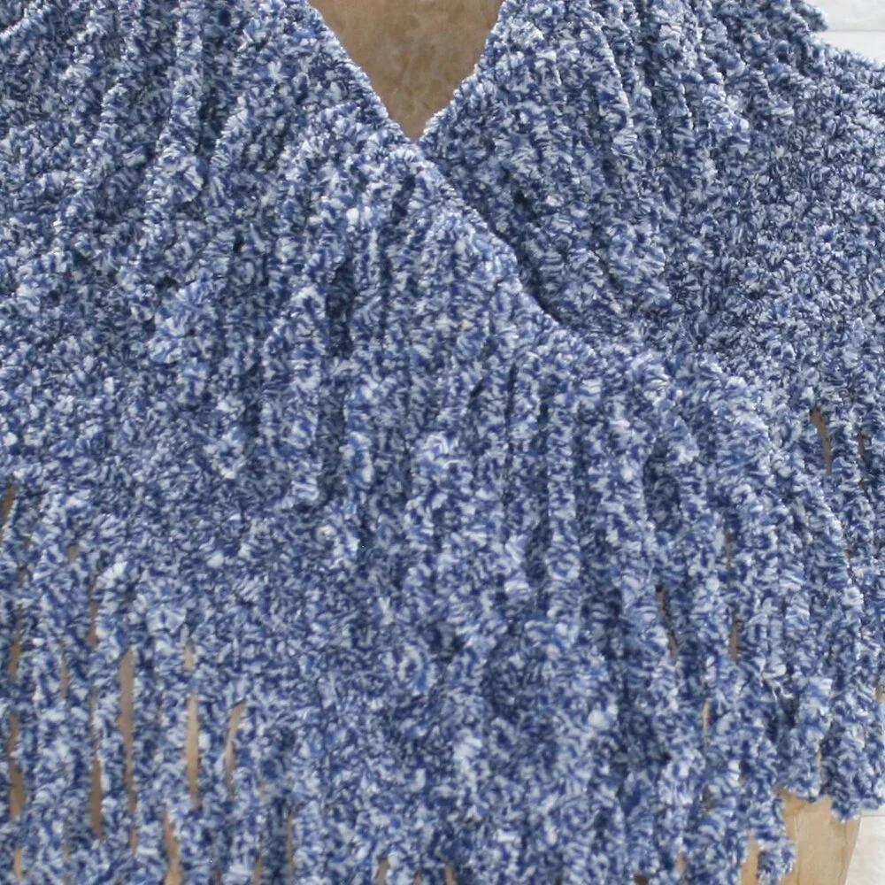 HAND CRAFTED Scarf Infinity Chenille Shawl Turtleneck Fringe Oversized Blue